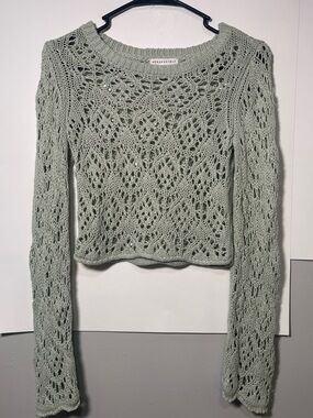 Aeropostale Light Sage Green Crochet Knit Cropped Sweater